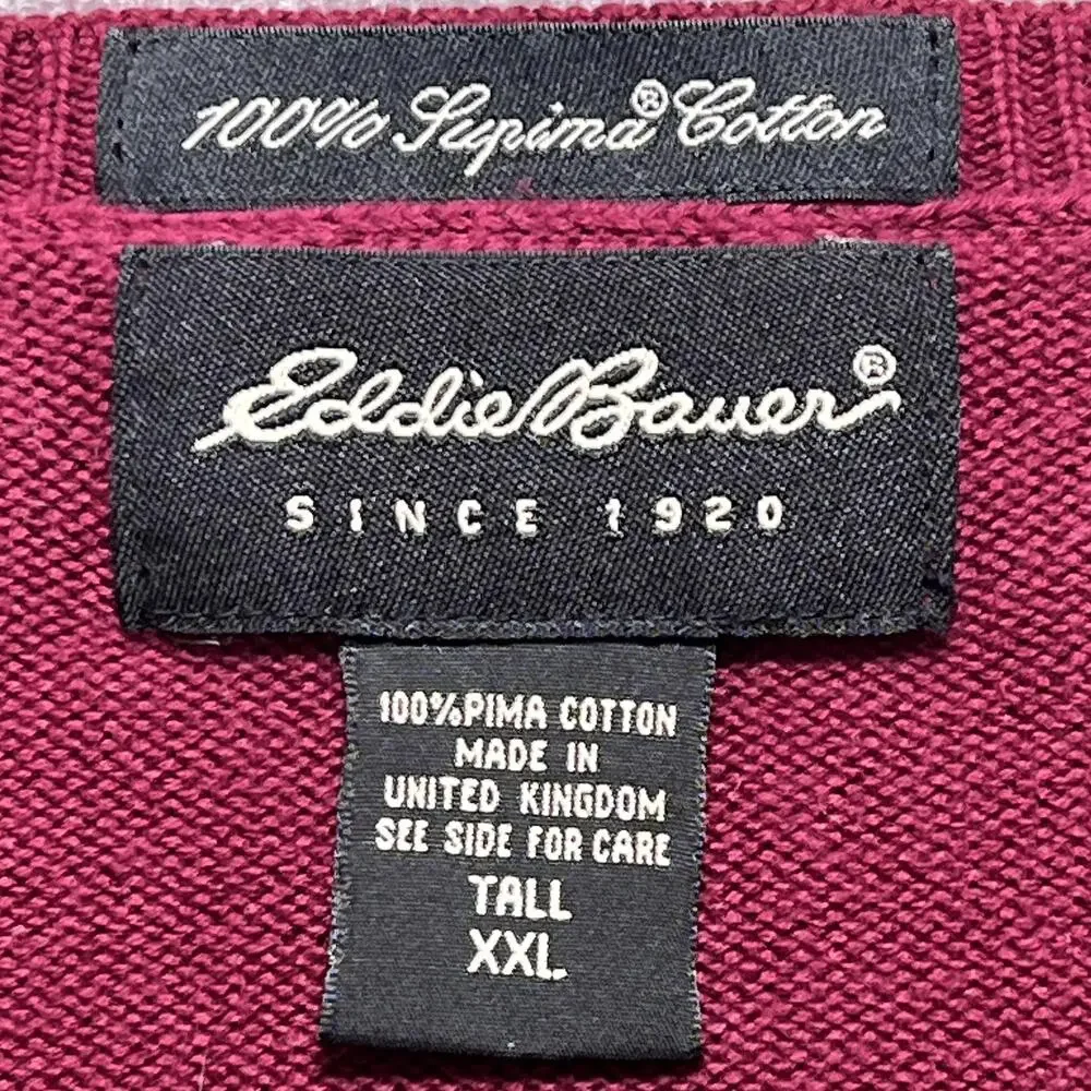 Eddie Bauer Sweater Mens XXLT Red Supima Cotton V-Neck Knit Outdoor Made In UK